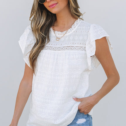 White Lace Neckline Flutter Sleeve Eyelets Blouse