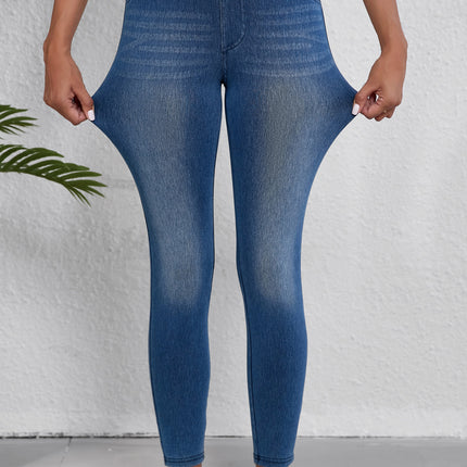 Navy Blue Skinny Elastic Waist Ankle Length Mid Waist Jeggings with Pockets