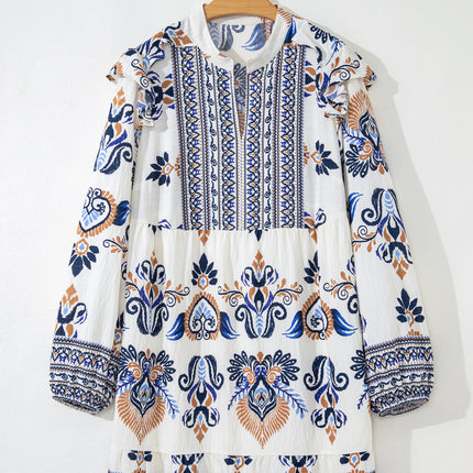 Sky Blue Plus Size Boho Print Split Neck Long Sleeve Mini Dress