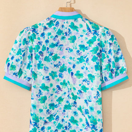 Green Floral Print Striped Trim Split V Neck Puff Short Sleeve Blouse