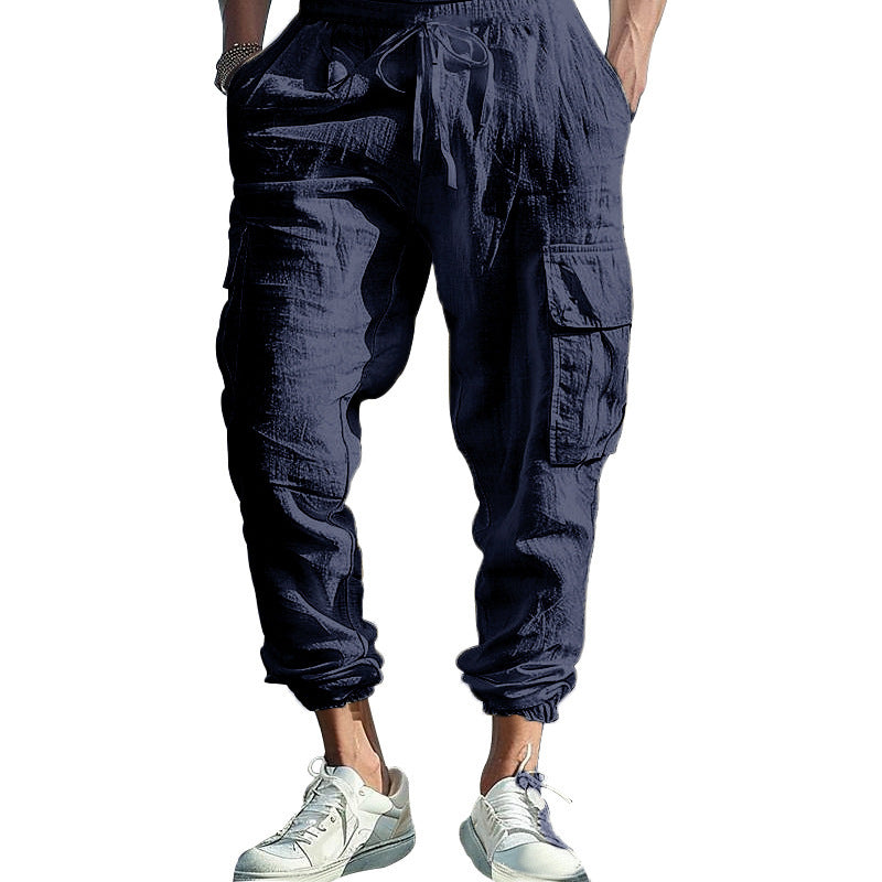 Men's Casual Trousers Ankle-tied Multi-pocket Tether Solid Color Loose