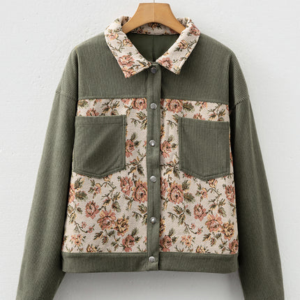 Sage Green Ribbed Retro Floral Patchwork Shirt Style Jacket