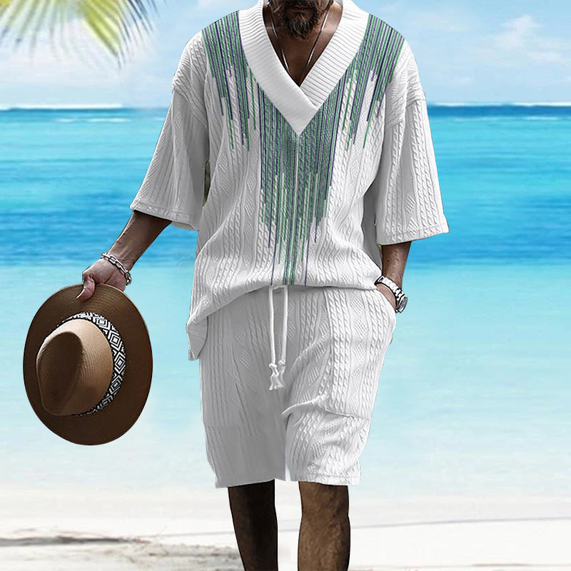 Printed Drop-shoulder Men's Knitted Short-sleeved Shorts Suit