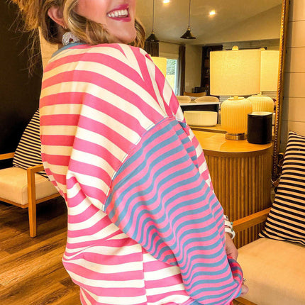 Pink Stripe Colorblock Striped Crewneck Long Sleeve Shift Tunic Plus Size Sweatshirt