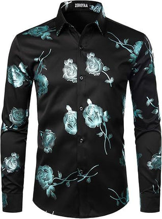 3D Golden Rose Print Slim Fit Long Sleeve Formal Wear Shirt