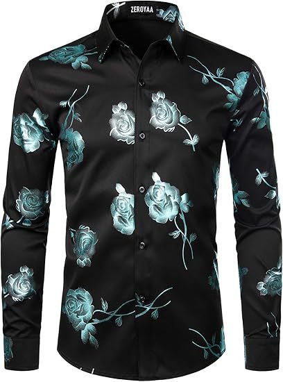3D Golden Rose Print Slim Fit Long Sleeve Formal Wear Shirt