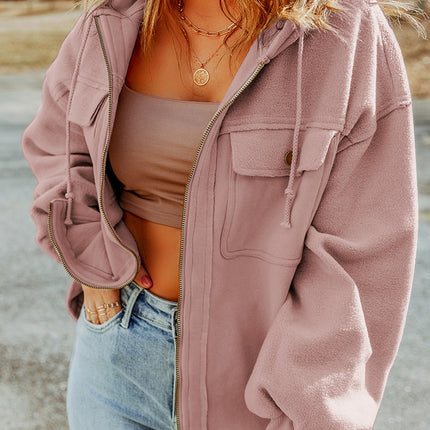 Pink Flap Pocket Drawstring Hood Zip Up Jacket