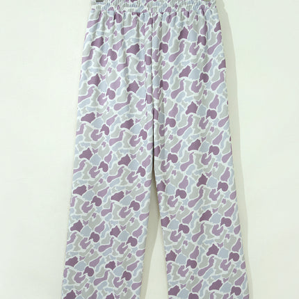 Green Camo Print Drawstring Waist Loose Fit Full Length Pants