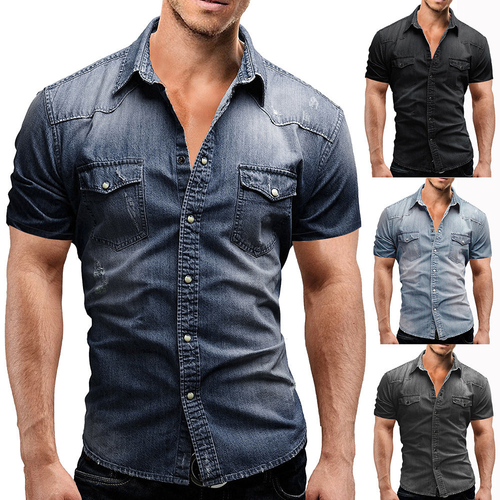 Casual Solid Color Men's Denim Short Sleeve Shirt