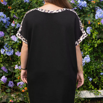 Black Plus Size Leopard Print Patchwork Shift T Shirt Dress with Pockets
