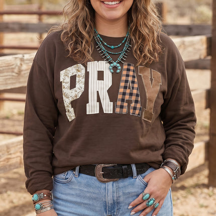 Coffee PRAY Letter Patchwork Round Neck Long Sleeve Plus Size Sweatshirt