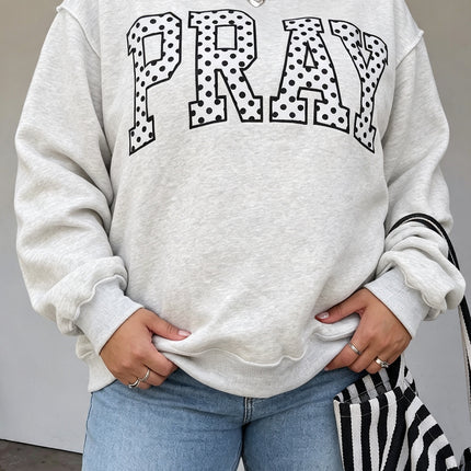 Gray PRAY Polka Dot Letter Print Mock Neck Plus Size Sweatshirt