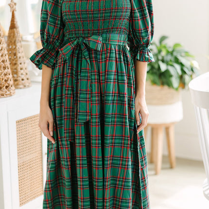 Green Tartan Plaid Square Neck Puff Sleeve Knot Waist Flared Midi Dress