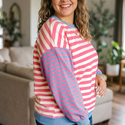 Pink Stripe Colorblock Striped Crewneck Long Sleeve Shift Tunic Plus Size Sweatshirt