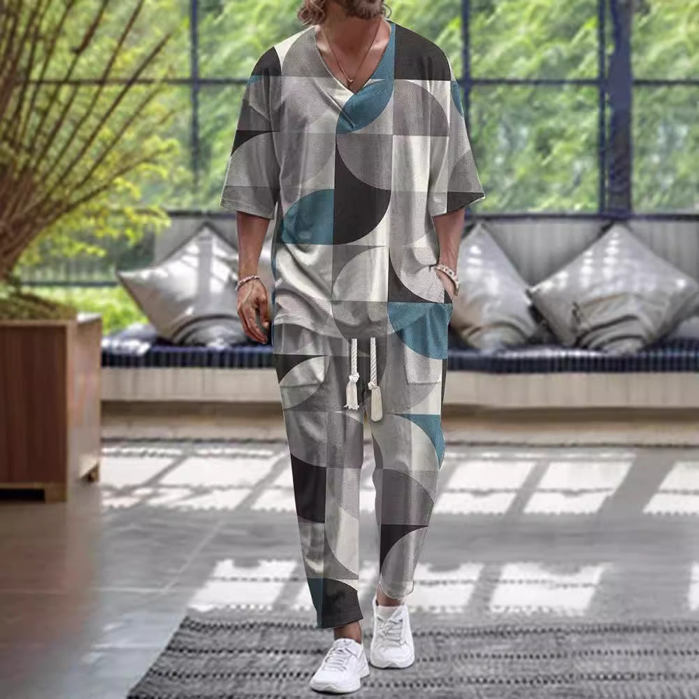 Cropped Sleeves V-neck Trousers Suit