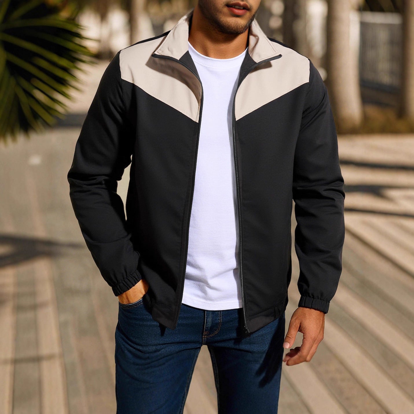 Men's Windproof Jacket High Collar Color Matching Zipper Jacket