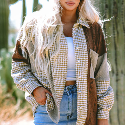 Khaki Houndstooth Color Contrast Textured Patchwork Loose Shacket