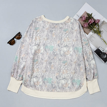 Khaki Camouflage Print Round Neck Long Sleeve Shift Plus Size Sweatshirt