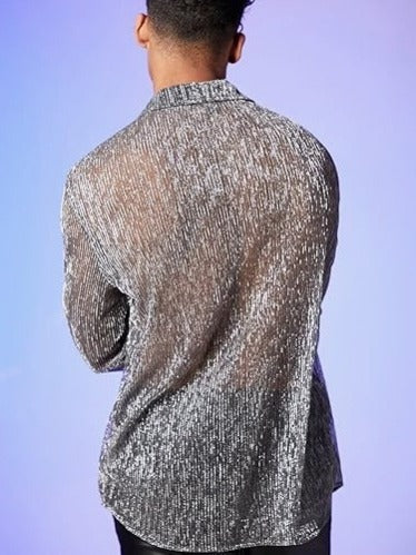 Fashion Shiny Crystal See-through Lapel Long Sleeve Shirt