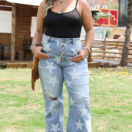Sky Blue Star Printed Multi Buttons Slit Knee Destroyed Plus Size Jeans