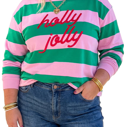 Green Stripe Festive Holly Jolly Printed Casual Plus Size Sweatshirt