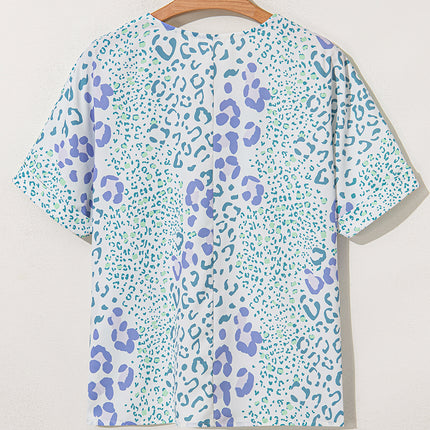 Sky Blue Mixed Leopard Print V Neck Short Sleeve Blouse