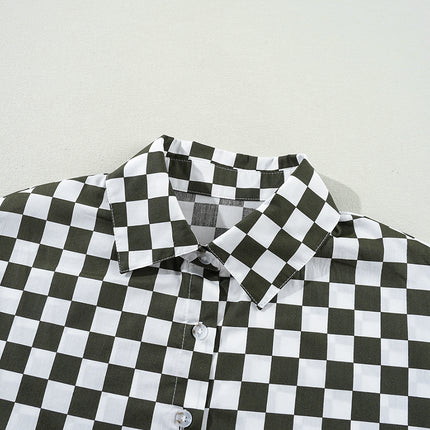 Green Checkerboard Printed Drop Shoulder Loose Casual Shirt