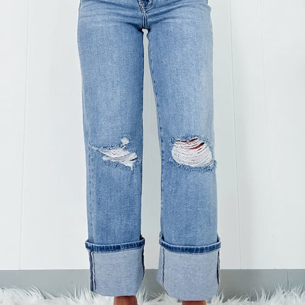 Dusk Blue High Rise Asymmetric Button Zip Fly Ripped Jeans