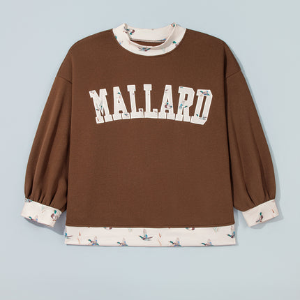 Coffee Plus Size Embroidered Trim Mallard Patch Contrast Trim Crewneck Sweatshirt