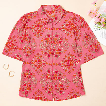 Rose Red Floral Print Wide Short Sleeve Loose Shirt