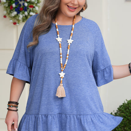 Dusk Blue Ruffled Short Sleeve Plus Size Casual Blouse