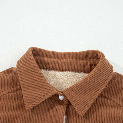 Cinnamon Fleece Lined Buttoned Flap Pockets Corduroy Jacket
