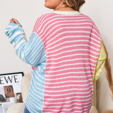 Multicolour Striped Exposed Seam Colorblock Patchwork Plus Size Sweater