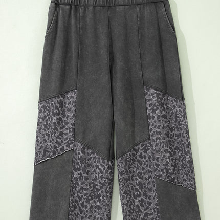 Dark Grey Plus Size Leopard Patchwork Mineral Wash Wide Leg Pants