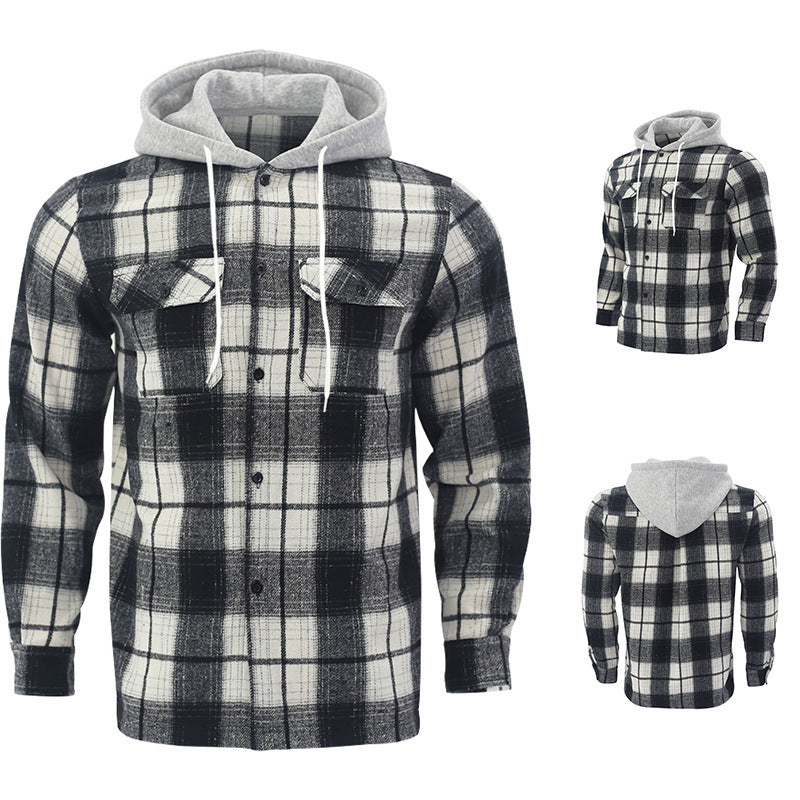 Loose Casual Flannel Jacquard Long Sleeve Hooded Plaid Shirt
