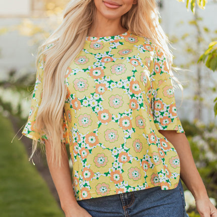 Yellow Summer Flower Printed Drop Shoulder Loose T Shirt