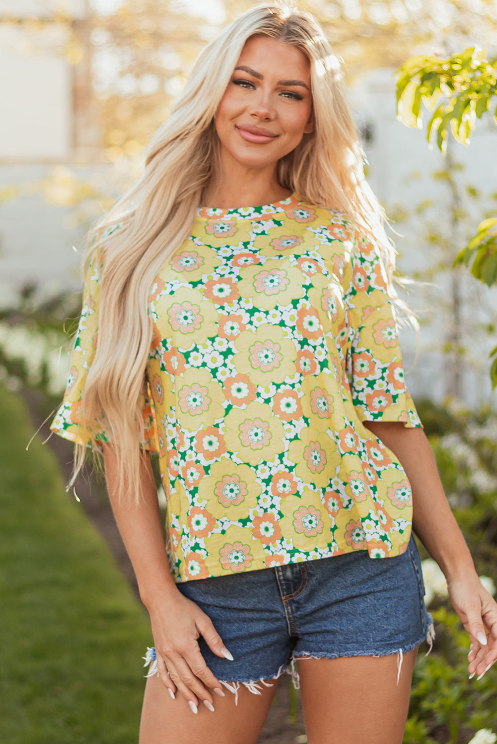 Yellow Summer Flower Printed Drop Shoulder Loose T Shirt