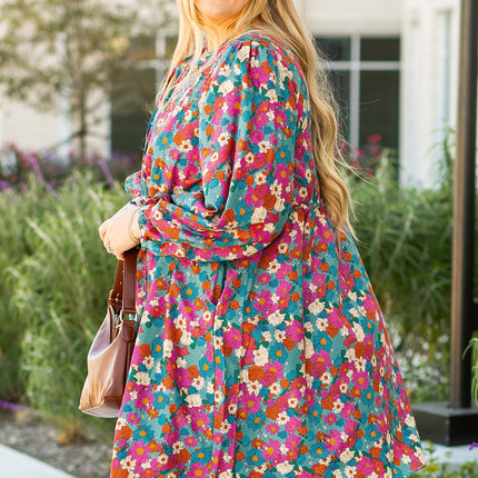 Sky Blue Plus Size Floral Print Shirred Ruffle Tiered Mini Dress