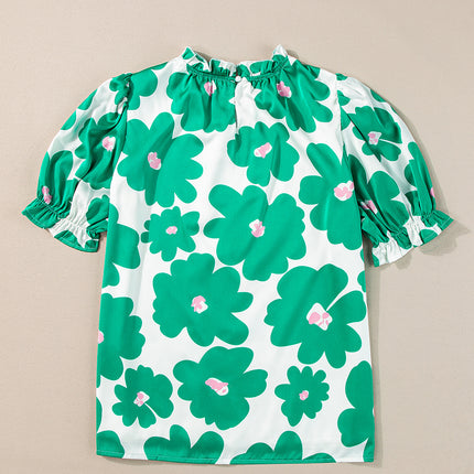 Green Floral Puff Sleeve Frill Neckline Blouse