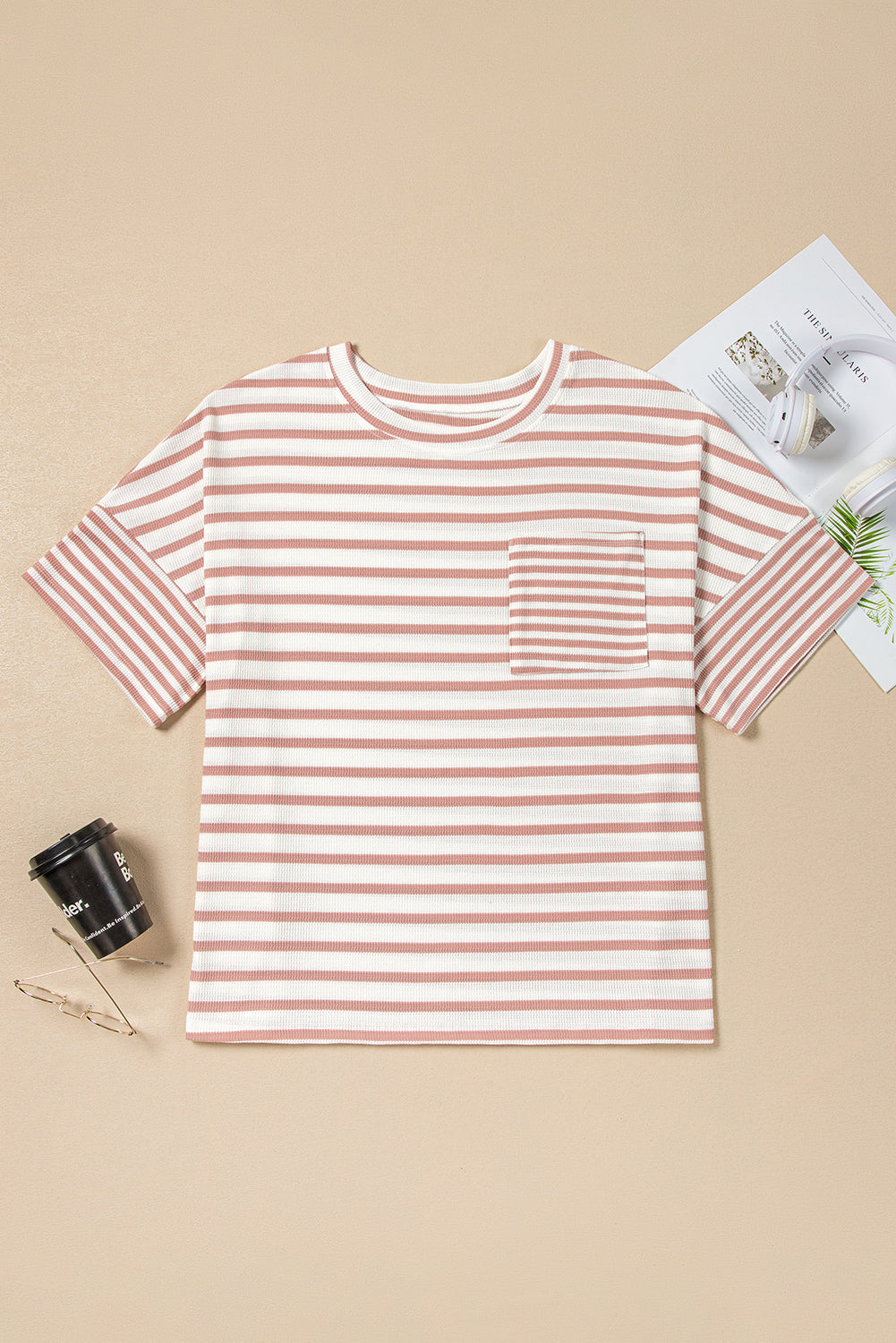 Pink Stripe Waffle Knit Pocketed Half Sleeve Plus Size T Shirt