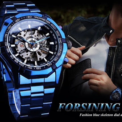 Casual Hollow Blue Plating Automatic Mechanical Watch