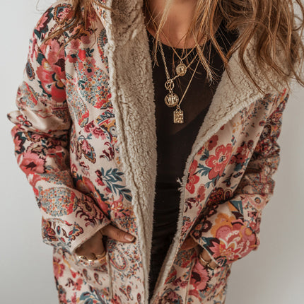 Beige Vintage Paisley Floral Printed Sherpa Lined Hooded Jacket