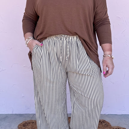 Black Stripe Plus Size Tie Waist Loose Pants