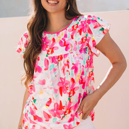 Rose Floral Print Flutter Sleeve Round Neck Casual Blouse