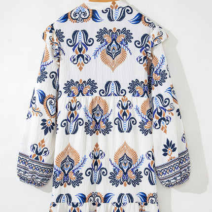 Sky Blue Plus Size Boho Print Split Neck Long Sleeve Mini Dress