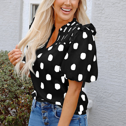 Black Polka Dot Print Shirred Yoke Notched Neck Balloon Sleeve Blouse