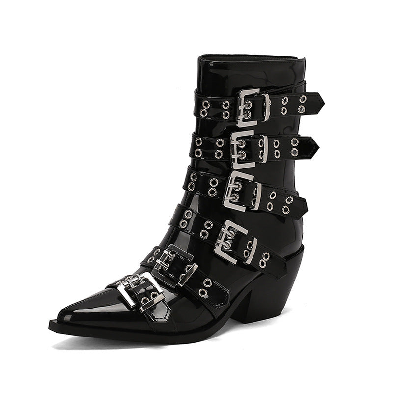 Autumn And Winter Pointed Knight Women's Boots Plus Size Punk Belt Buckle Booties