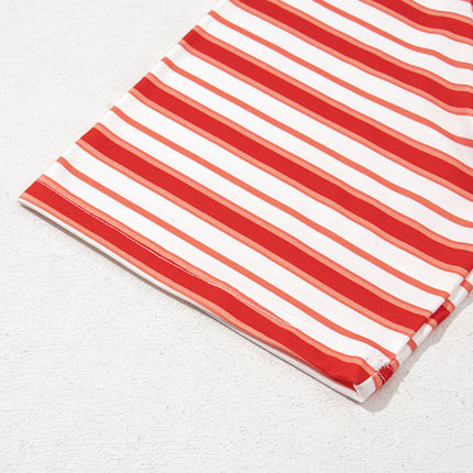 Tomato Red Stripe Print Contrast Collar Raglan Sleeve T Shirt