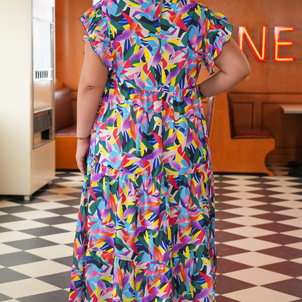 Blue Geometric Print Ruffled Short Sleeve Plus Size Tiered Maxi Dress