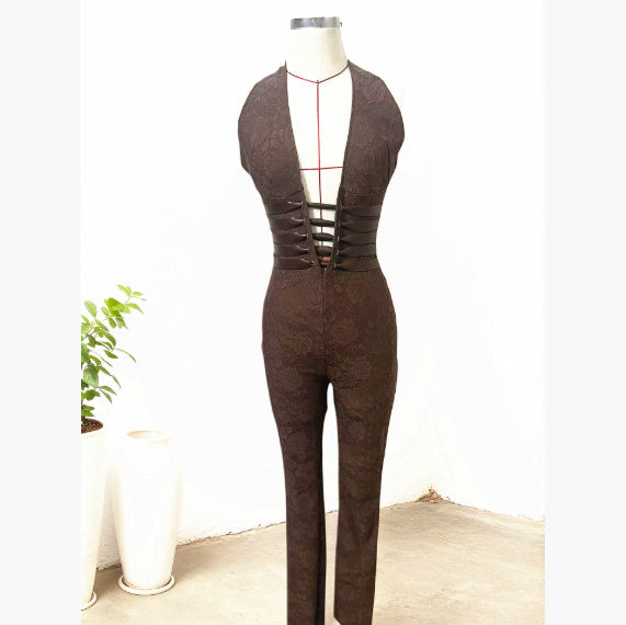 Sexy Lace Trousers Deep V Bandage Lace-up Halter Jumpsuit